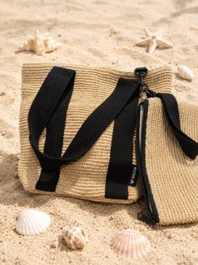 Wacoal Beige Straw Tote with Black Straps and Detachable Pouch